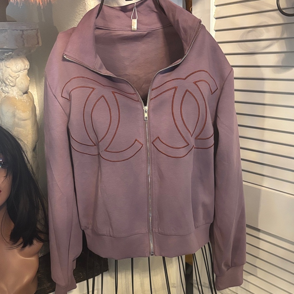 Mauve Zip-Front Double C Logo Bomber Jacket with sweat pants